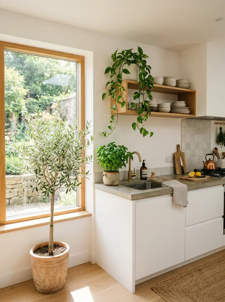 Airy minimalistic kitchen with basil by the sink, olive tree near the window, and ceramic planters.