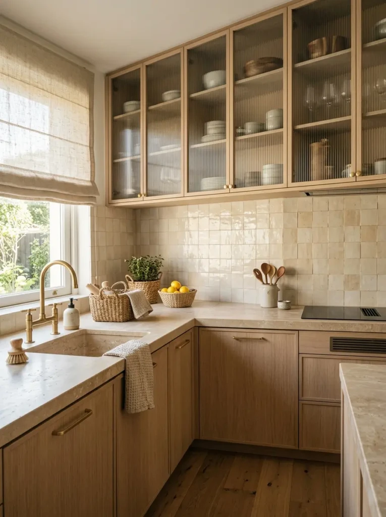 Minimalistic kitchen with handmade tile backsplash, honed stone countertops, ribbed glass doors, and woven baskets.