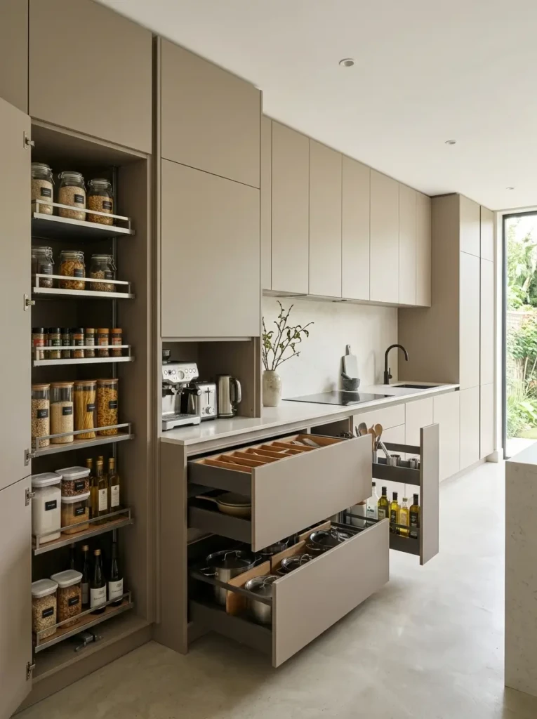 Minimalistic kitchen with seamless tall cabinets, pull-out pantry shelves, deep drawers, and clutter-free surfaces.