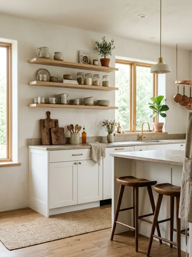 Cozy minimalistic kitchen with pale oak shelves, walnut stools, wooden cutting boards, and white cabinets.