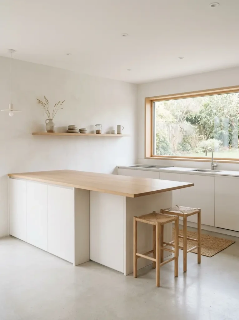 Elegant minimalistic kitchen with bare island, simple wall, sparse shelving, soft white tones, and wood accents.