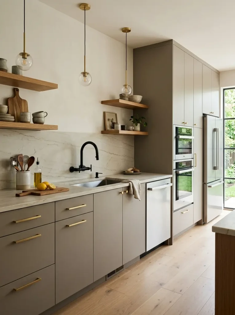 Minimalistic kitchen with brass cabinet pulls, matte black faucet, stainless appliances, and warm wood accents.