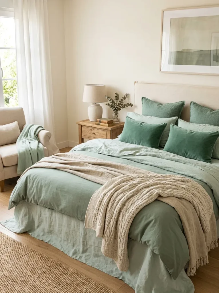 Matte mint walls paired with oak furniture and cream bedding in cozy bedroom