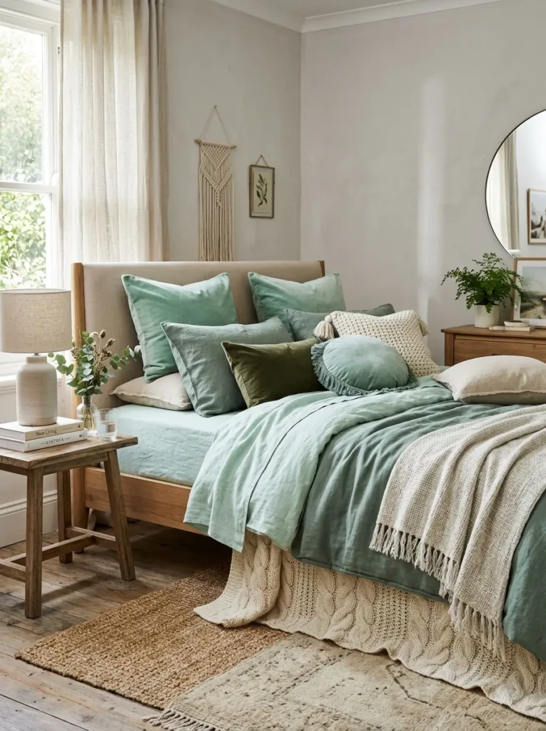 Layered mint bedding with velvet pillows and soft cream knit throws