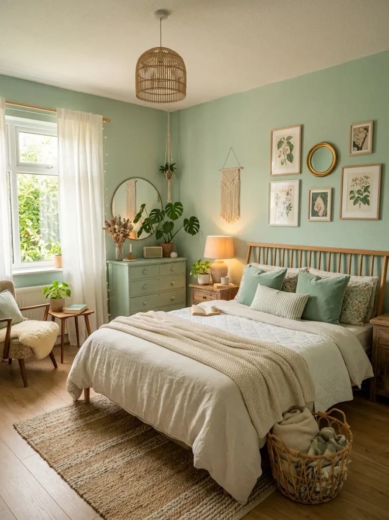 Beautiful completed mint green bedroom with warm inviting atmosphere