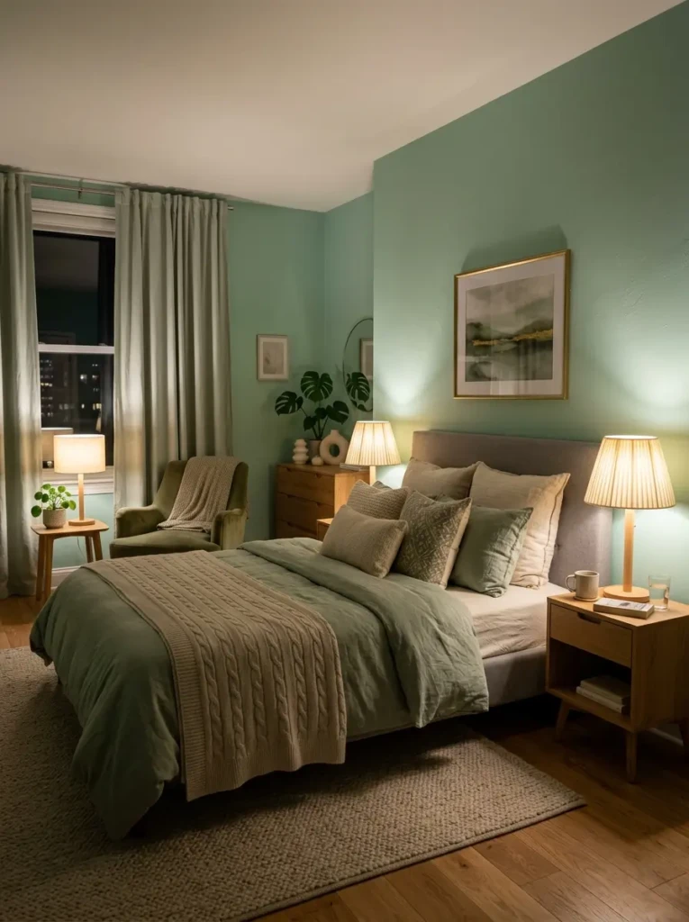 Elegant mint green bedroom with cozy warm lamps and soft lighting
