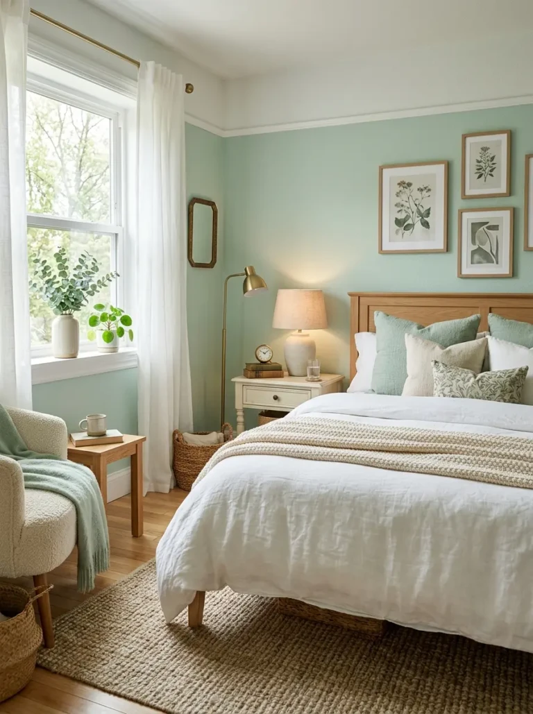 Beautiful mint green bedroom makeover with soft textures and elegant natural lighting