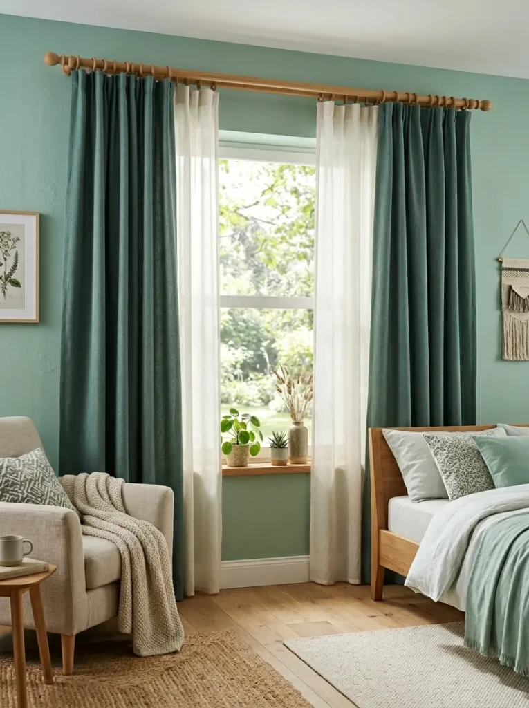 Mint green bedroom with soft layered curtains and warm natural light