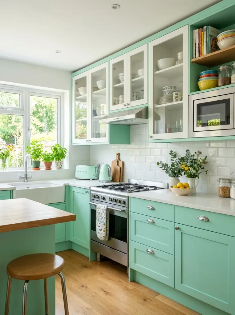 Mint green kitchen with white countertops, chrome accents, and cheerful natural lighting
