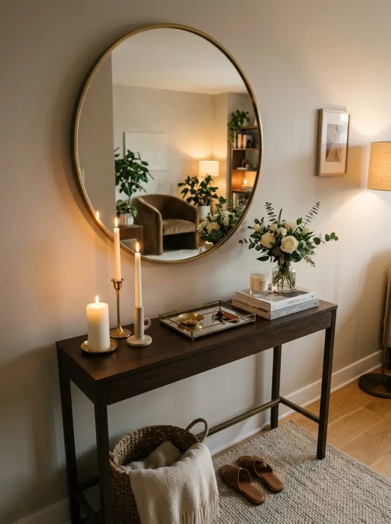 Brass round mirror above console table with candles and elegant decor accents