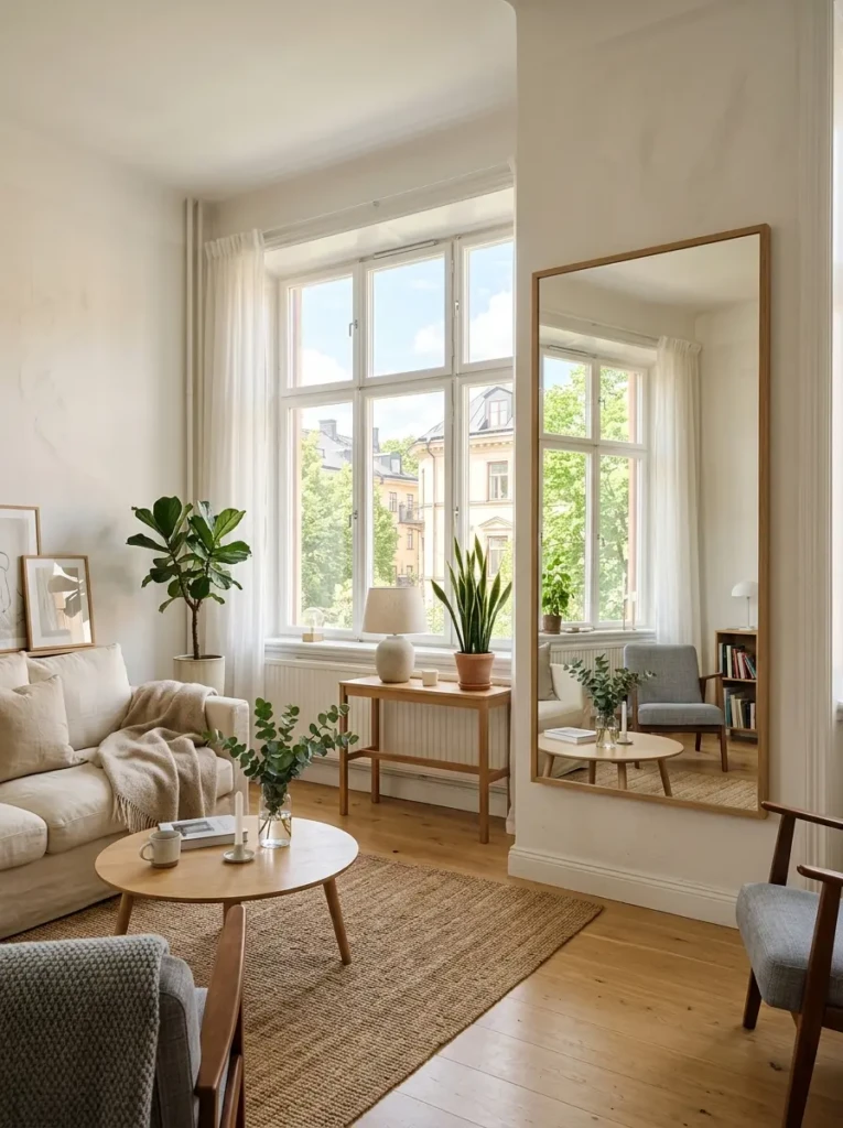 Cozy minimalist apartment with mirror placed across from window to maximize natural light.