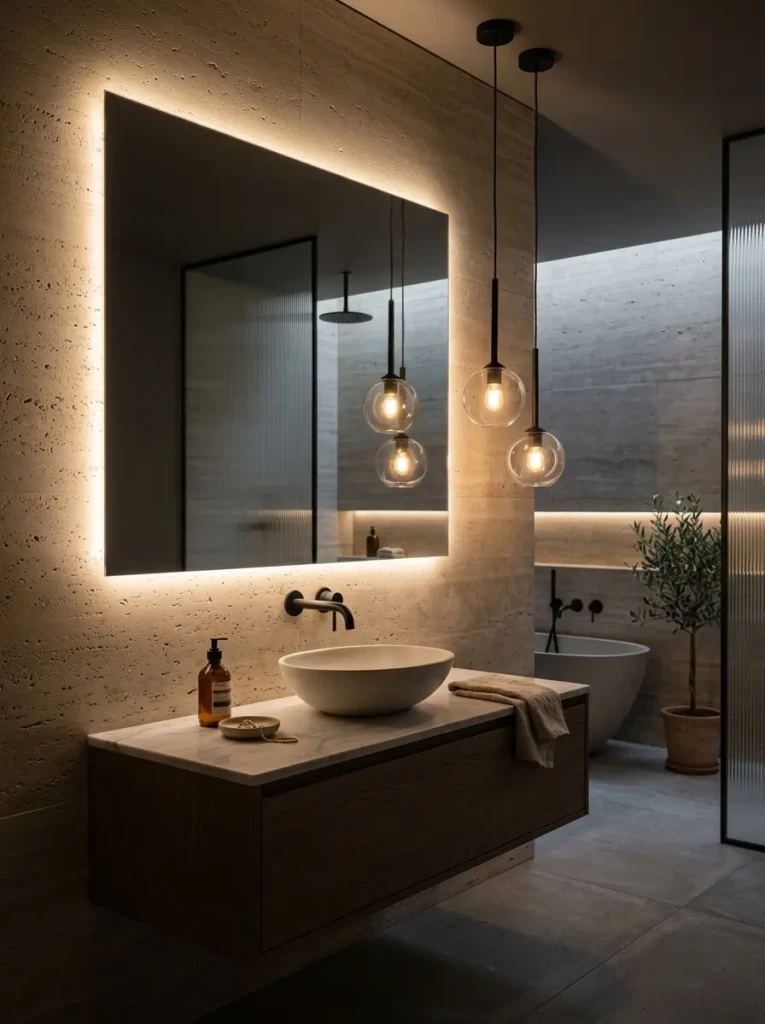 Modern bathroom with recessed shelving, woven baskets, and hidden storage solutions.