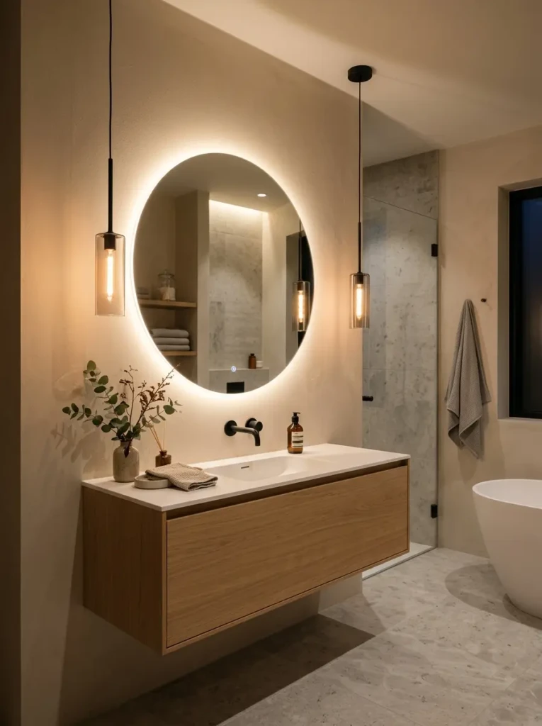 Backlit mirror and sleek pendant lights creating a luxurious bathroom atmosphere.