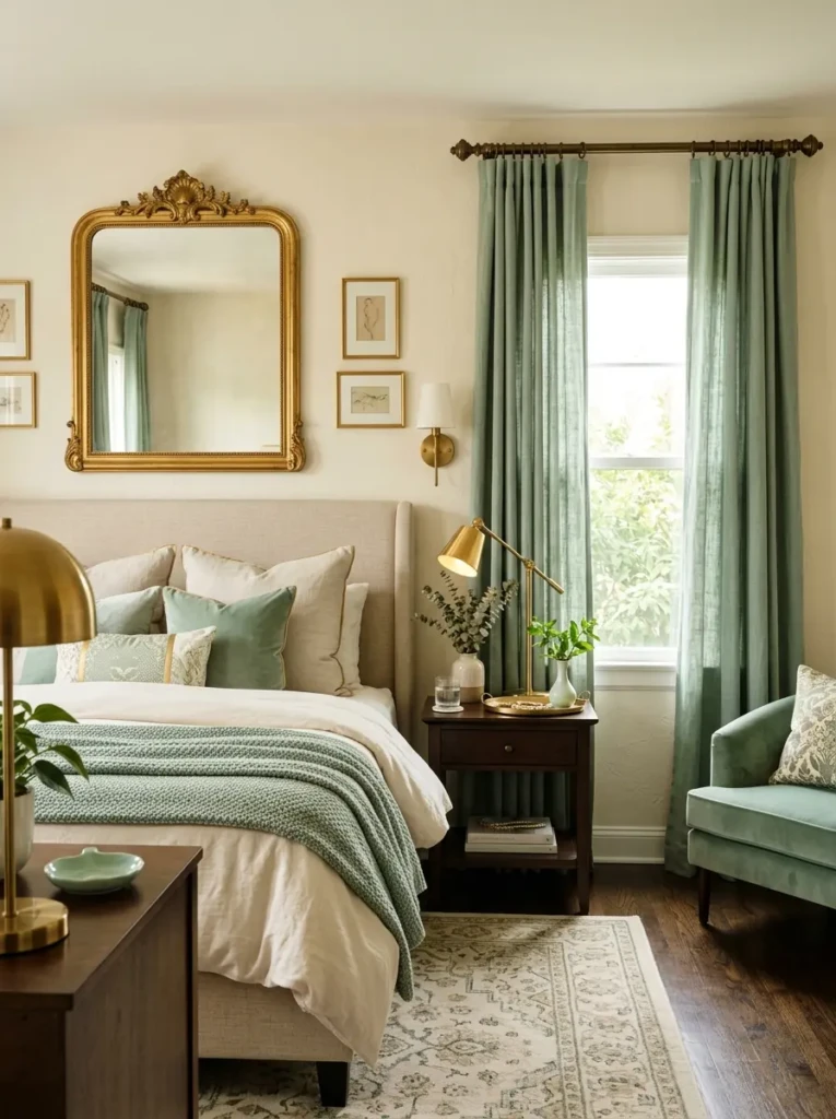 Gold-framed mirror and brass decor accents in stylish mint green bedroom