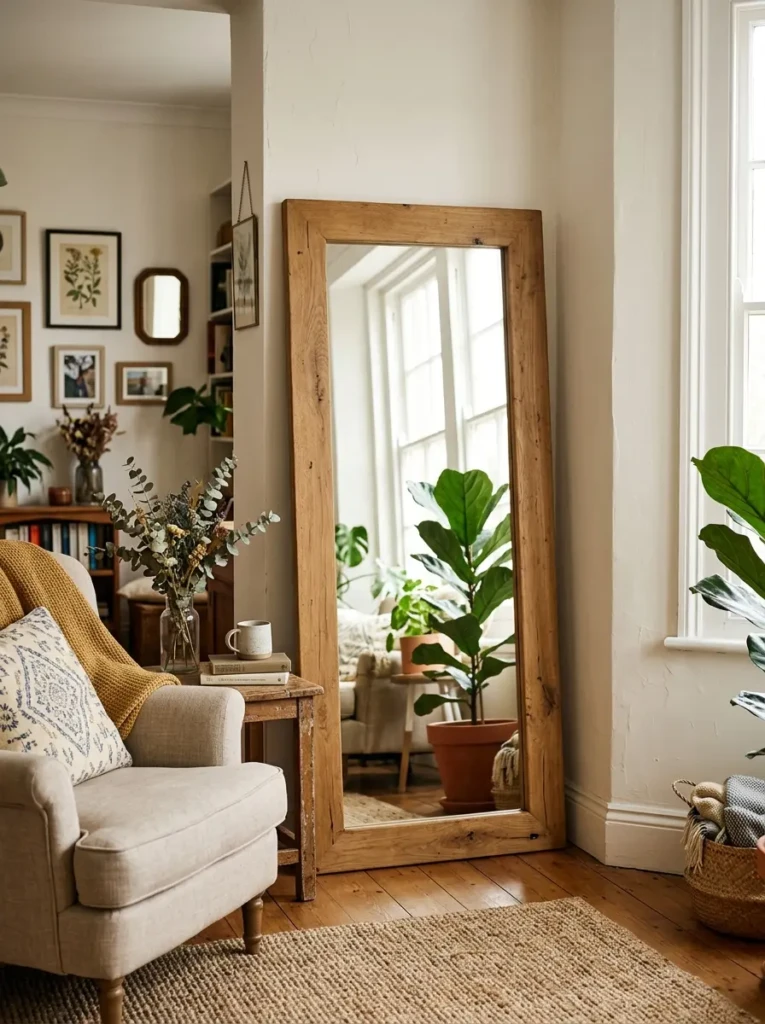 Wooden framed mirror placed in corner adding depth and light to the bedroom
