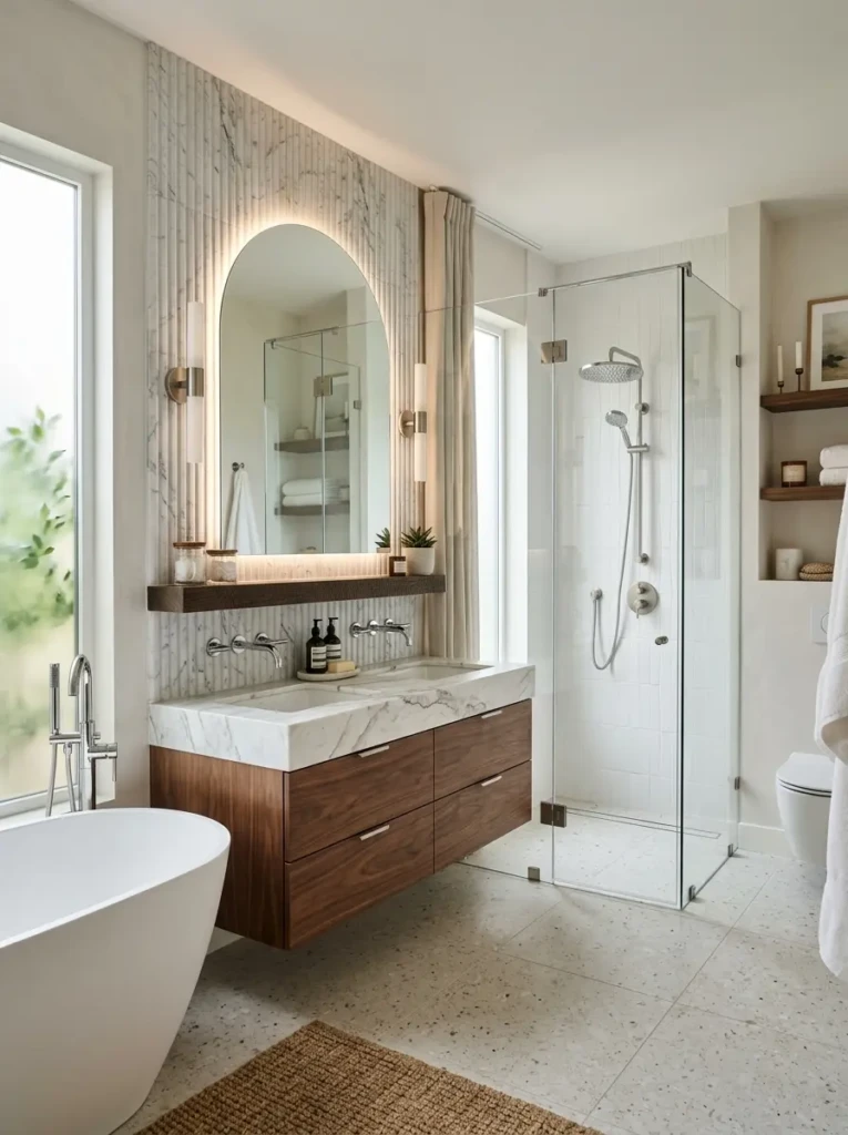 Modern bathroom with chrome accents, brushed nickel fixtures, and upscale interior styling