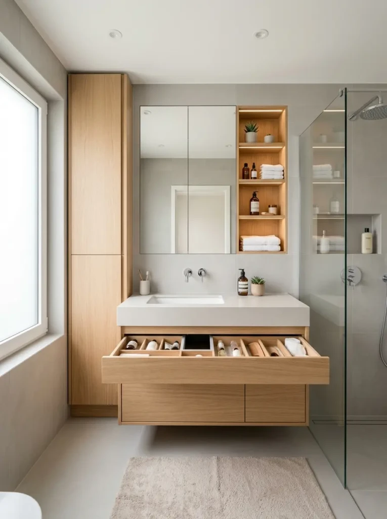A clutter-free modern bathroom with built-in storage, organized drawers, and clean countertops.