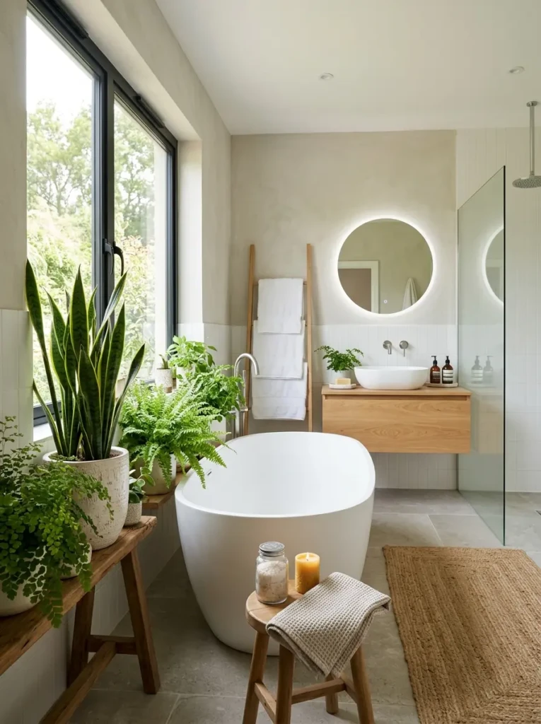 A bright bathroom with natural light and green plants like ferns and snake plants adding freshness and life.