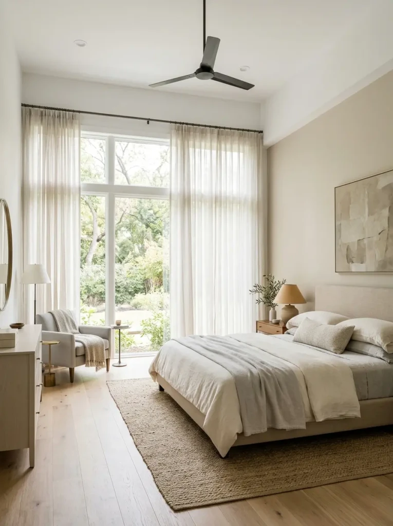 Bright bedroom with floor-length sheer curtains hung high and wide for an elegant spacious feel