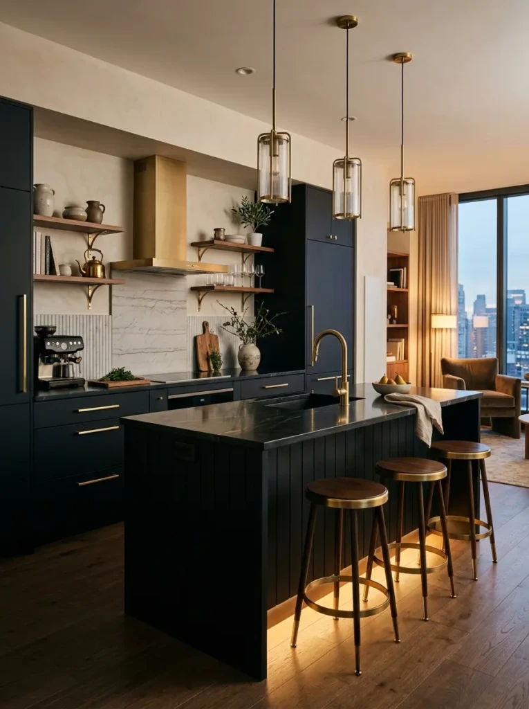 Sophisticated small kitchen featuring a black island with under-lighting and brass accents.