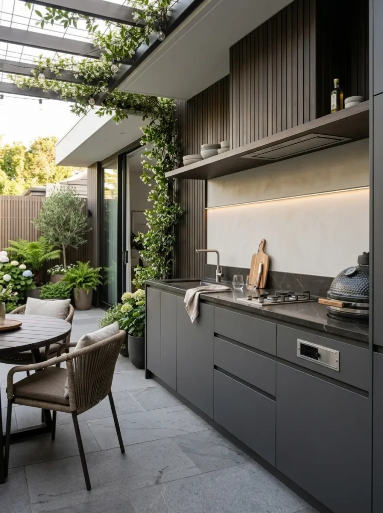 Compact outdoor kitchen with sleek built-in cabinets and clutter-free organization.
