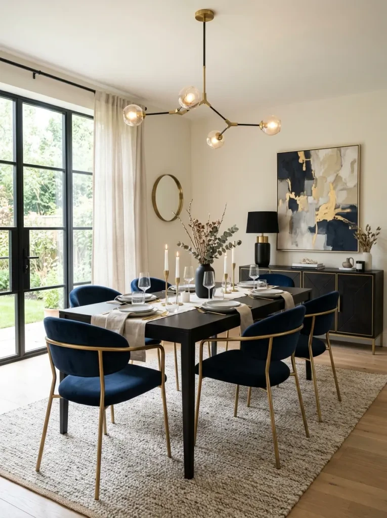 Modern dining room with navy velvet chairs, gold accents, and warm elegant decor.