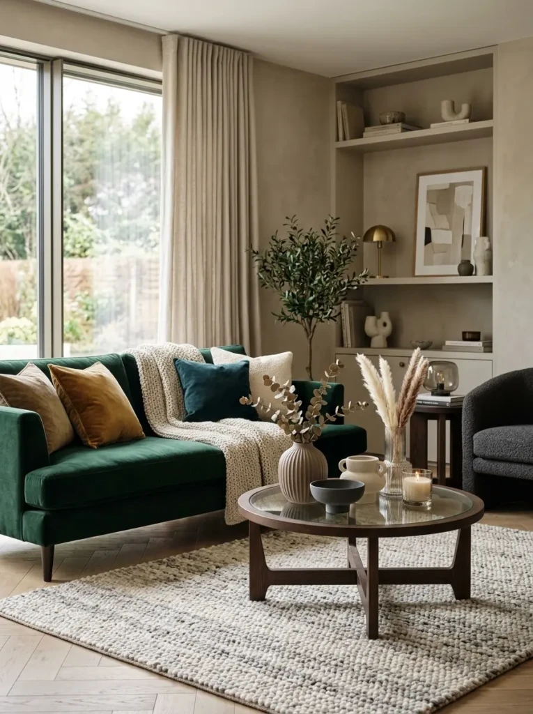 Elegant living room featuring velvet cushions, wool rugs, and layered textures.