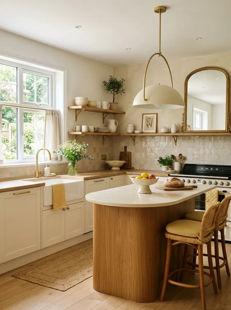 Modern kitchen with yellow decor accents, gold details, and warm wood textures