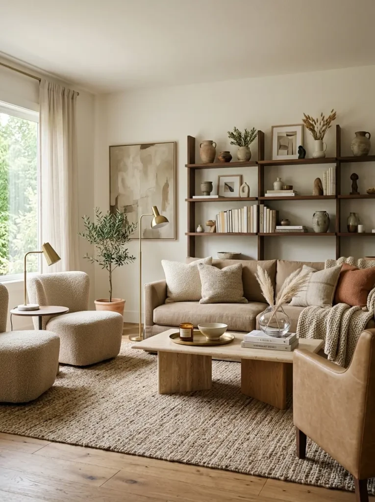 Peaceful modern living room with balanced decor and warm neutral accessories.