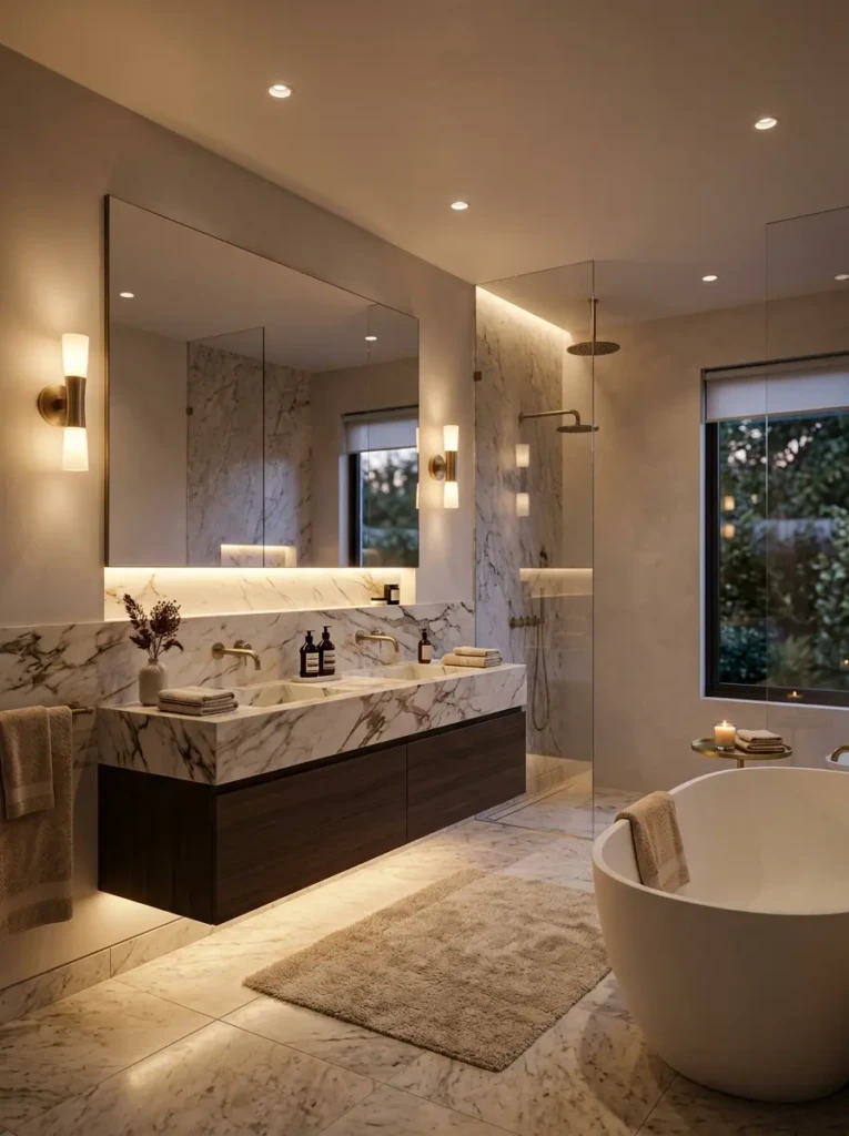 A modern luxury bathroom featuring soft layered lighting, wall sconces, and under-vanity LED glow creating a relaxing ambiance.