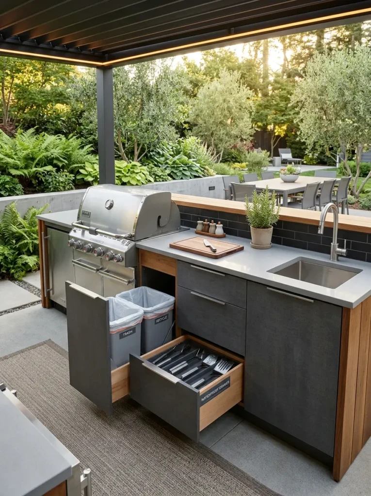 Modern outdoor dirty kitchen with hidden storage cabinets and organized layout