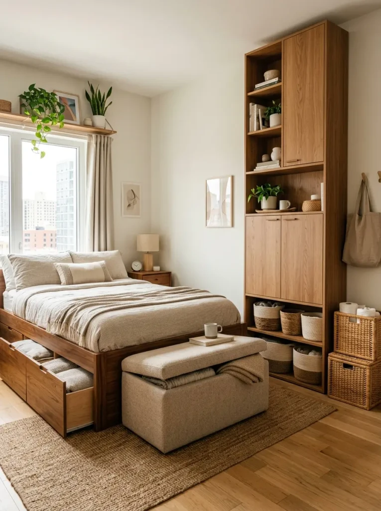 Small apartment featuring under-bed drawers, storage ottoman, slim cabinets, and woven baskets.