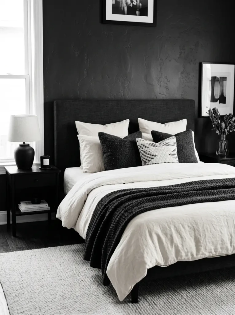 Modern monochrome bed styling with black and white bedding, charcoal textures, and warm elegant atmosphere