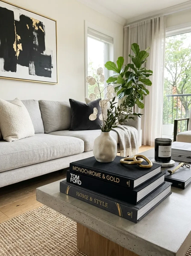 Monochrome coffee table books with gold accents in airy modern living room