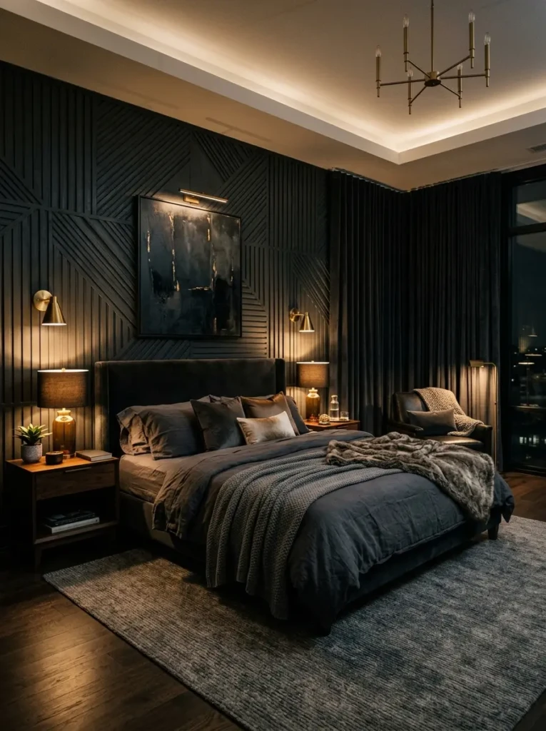 Sophisticated luxury bedroom with a dark accent wall and cozy lighting