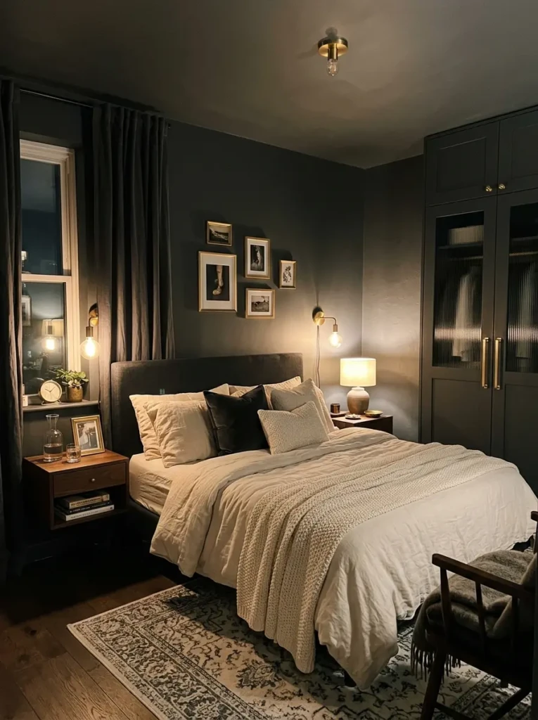 Elegant small bedroom featuring a dark charcoal wardrobe, creamy bedding, and warm lighting.