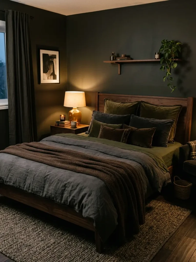Moody bedroom with olive sheets, charcoal duvet, brown throw, velvet pillows, walnut furniture, and amber bedside lighting.