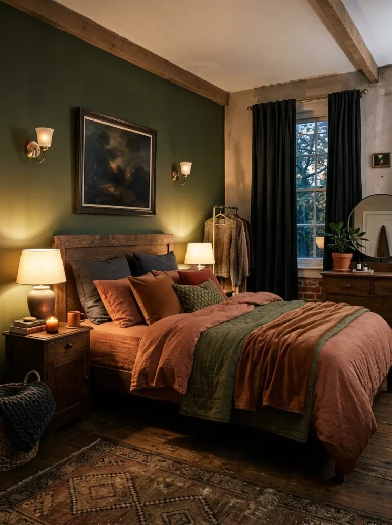Cozy dramatic bedroom with olive green, terracotta, and charcoal layered bedding