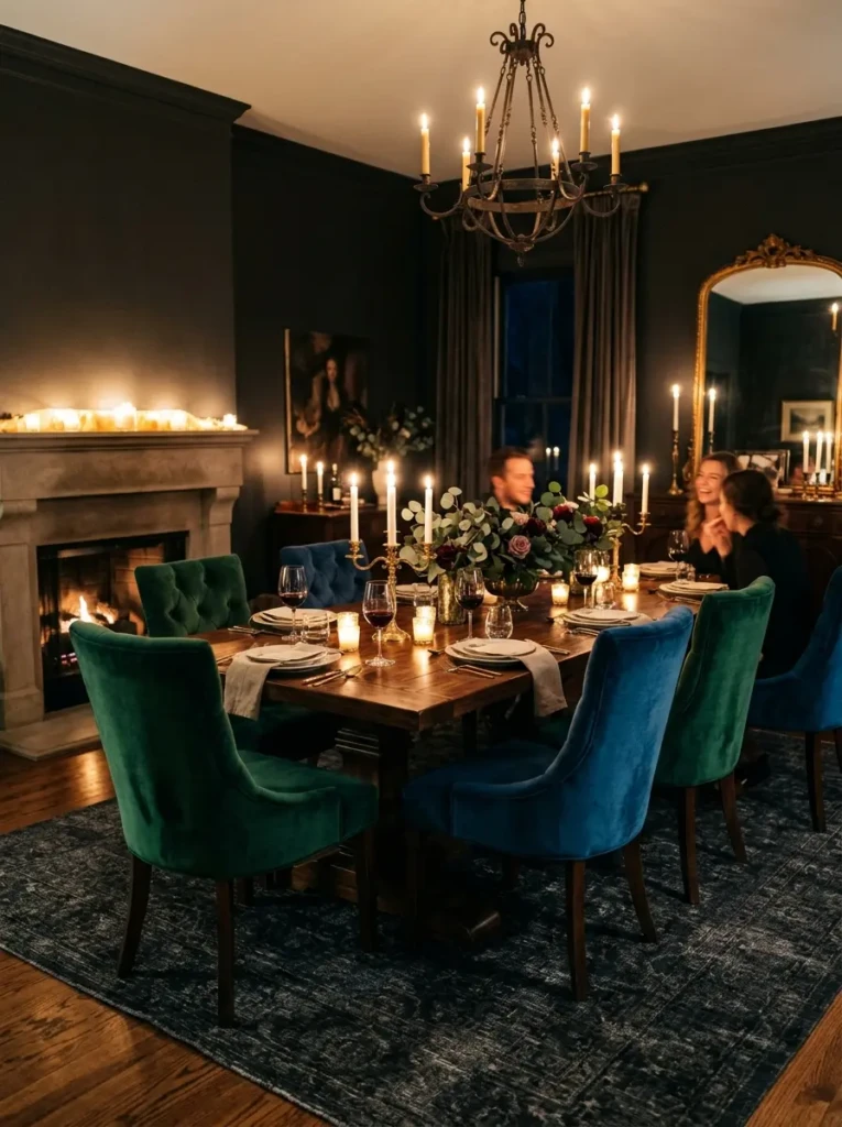 Sophisticated dining room featuring a dark charcoal rug, velvet chairs, and warm dramatic lighting.