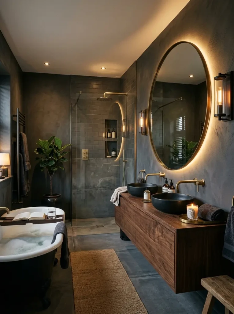 Dark luxury bathroom with charcoal walls, warm wood accents, and layered lighting