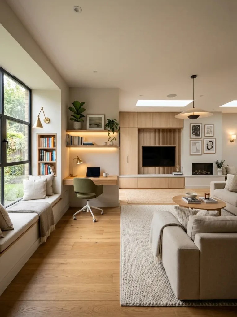 Beautiful multipurpose room featuring a reading nook, workspace, and casual gathering area.