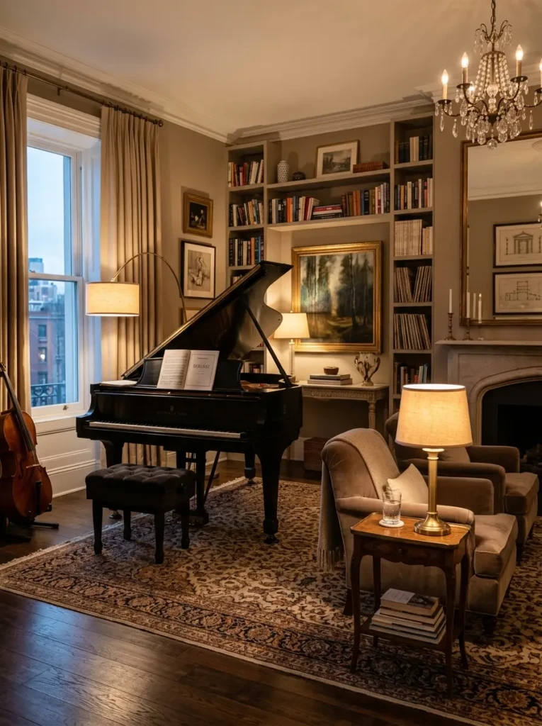 Sophisticated music room featuring a piano, soft lighting, and timeless interior design.