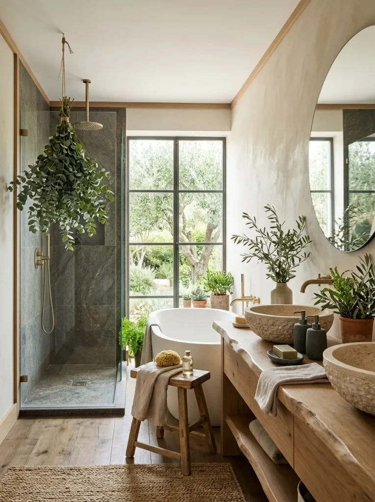 Fresh luxury bathroom with eucalyptus, wooden stool, and natural spa-inspired elements