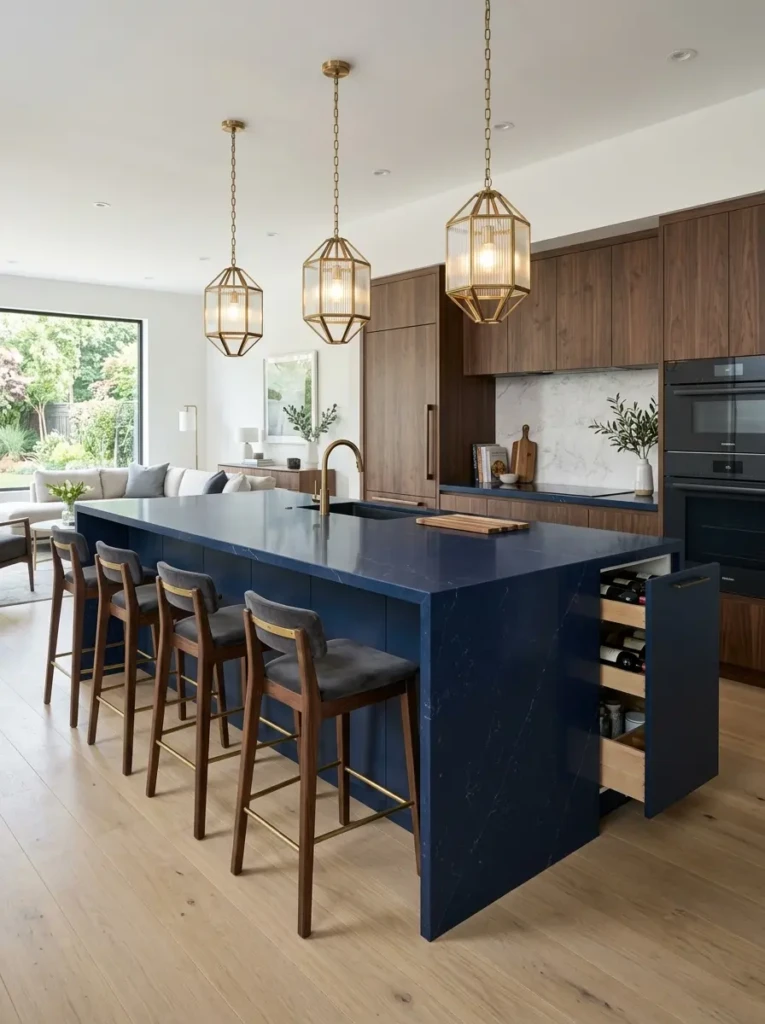 Dark blue waterfall island with bar stools, storage, and elegant pendant lighting.