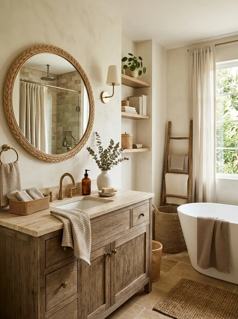 Neutral bathroom with linen fabrics, rattan decor, and rich textural details.