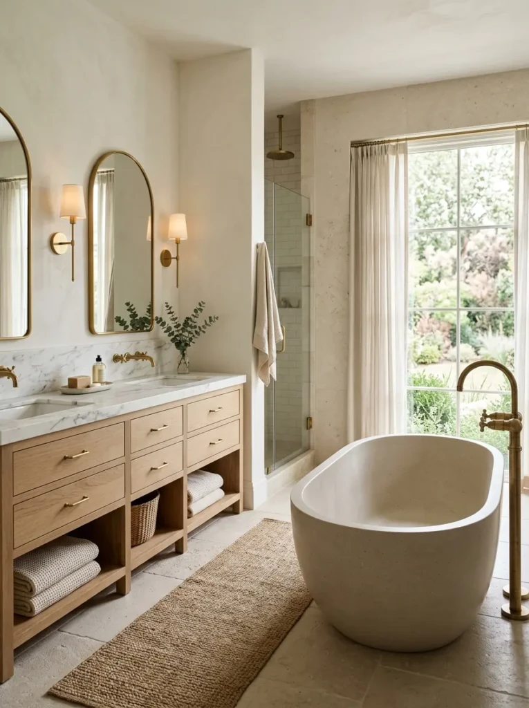 Bright and airy bathroom featuring natural materials and timeless styling.