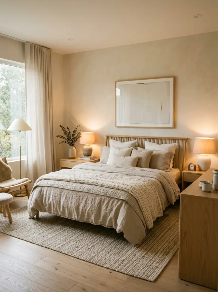 Minimal bedroom featuring beige linen bedding, light wood furniture, and soft textures in a warm neutral palette