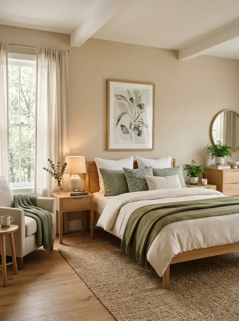 Peaceful bedroom with beige walls, natural wood furniture, and muted green accents
