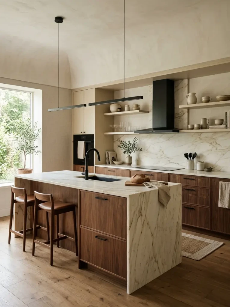 Creamy marble countertops with walnut accents and matte black details in modern kitchen