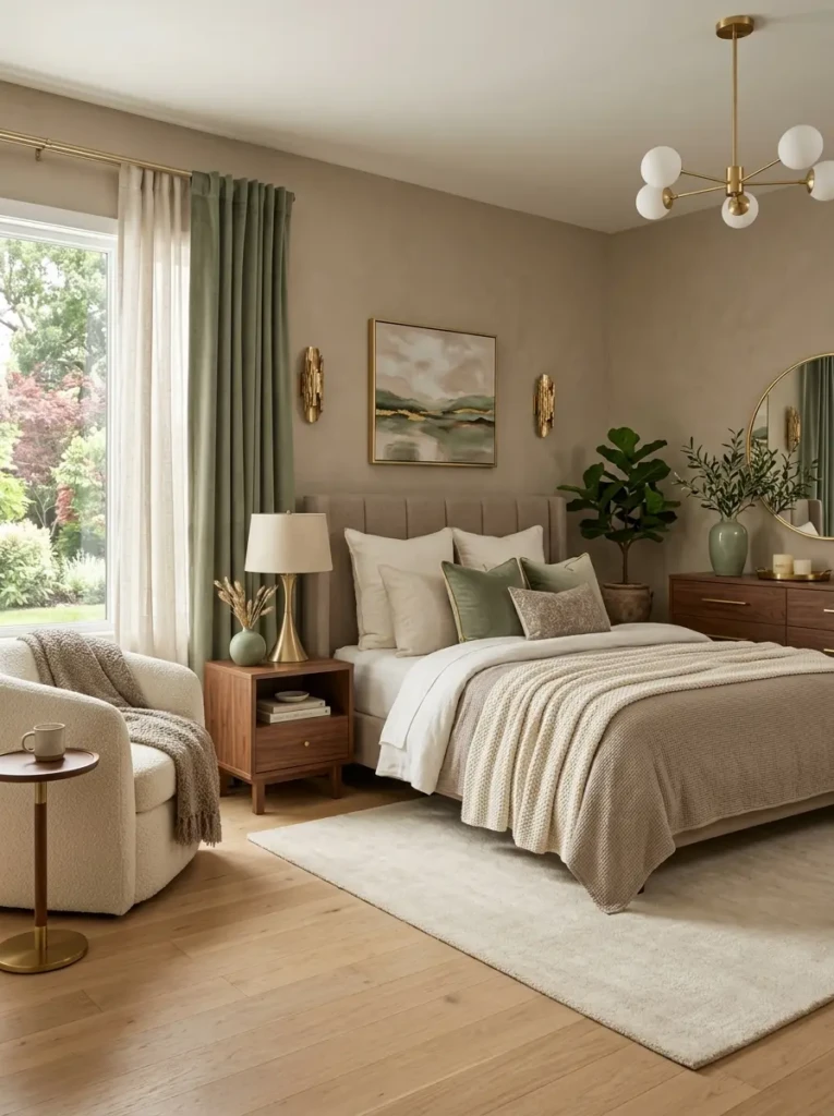 Luxury bedroom featuring taupe, cream, sage green, and warm gold accents